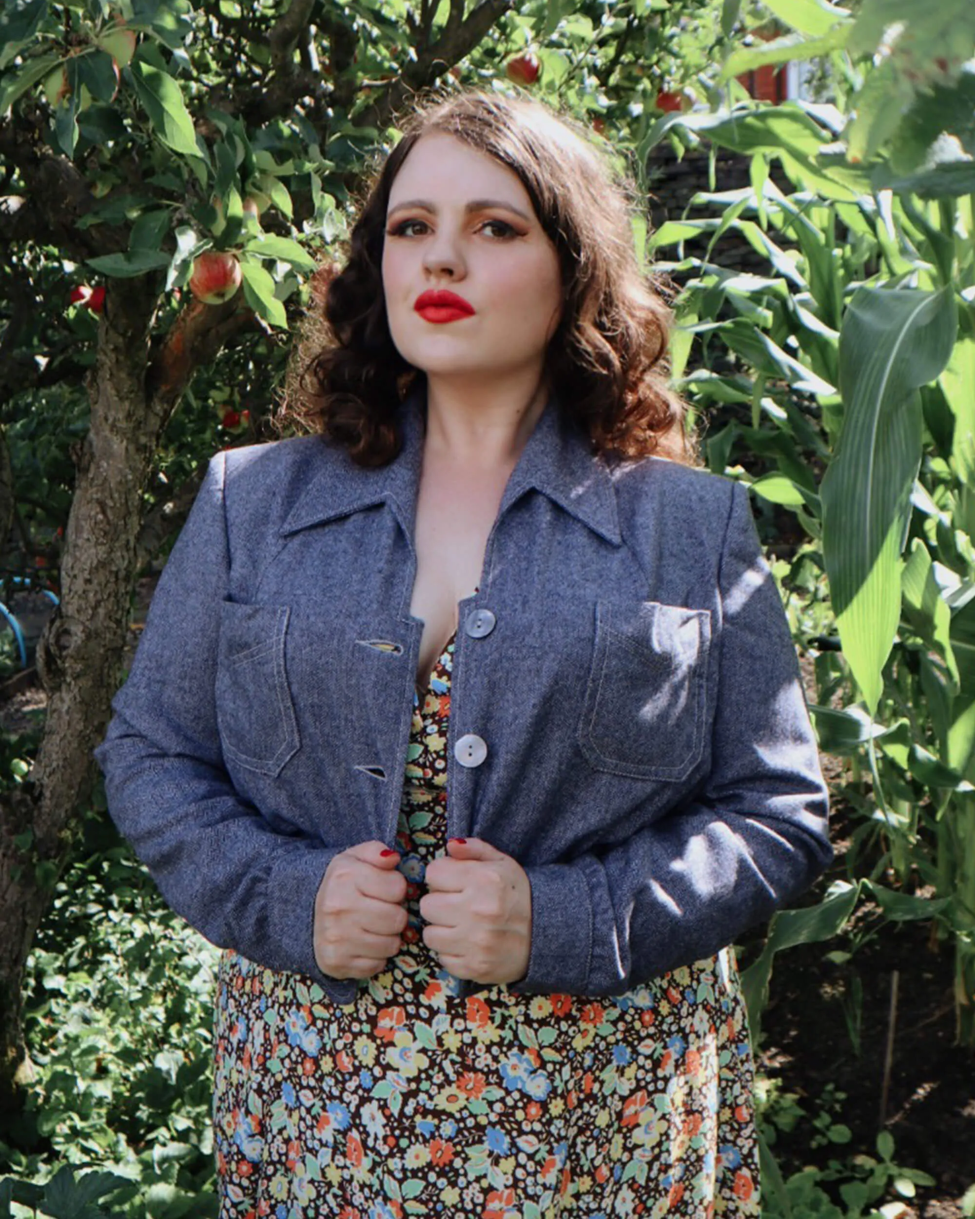 40s Americana Button Jacket - Blue Herringbone