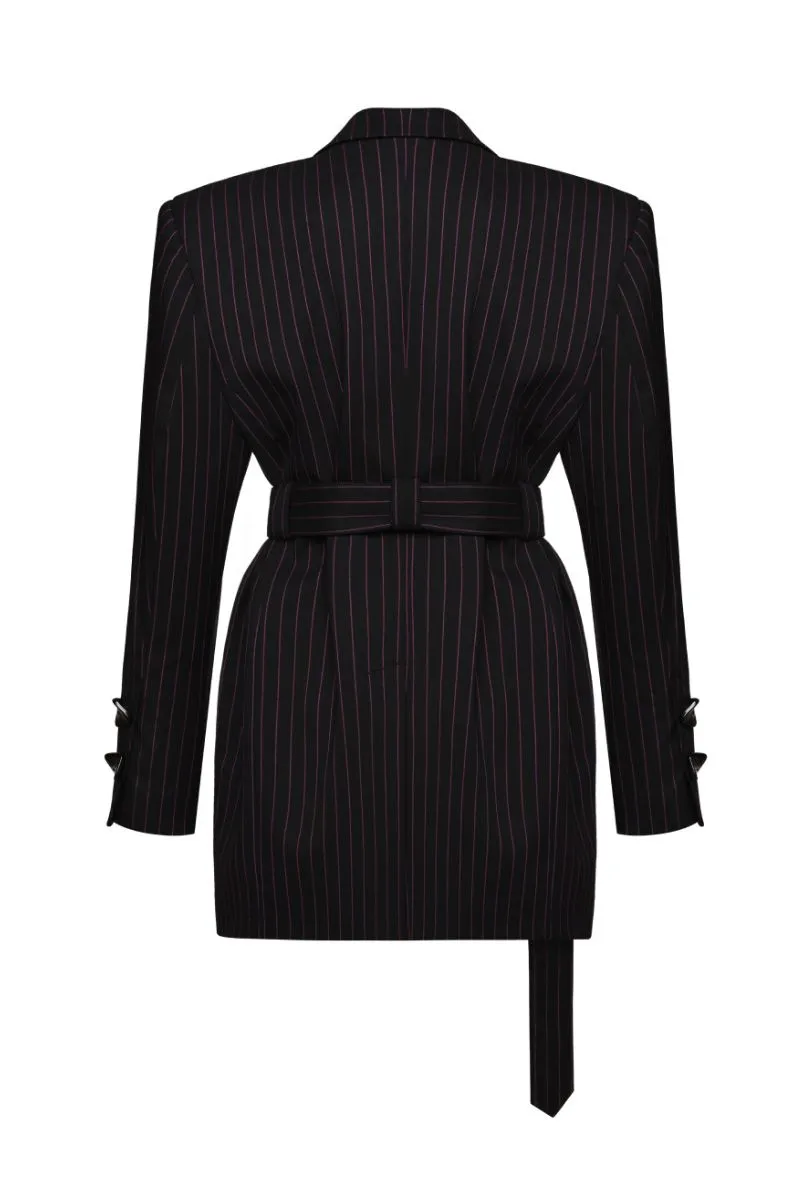 BLACK BELTED PINSTRIPE BLAZER