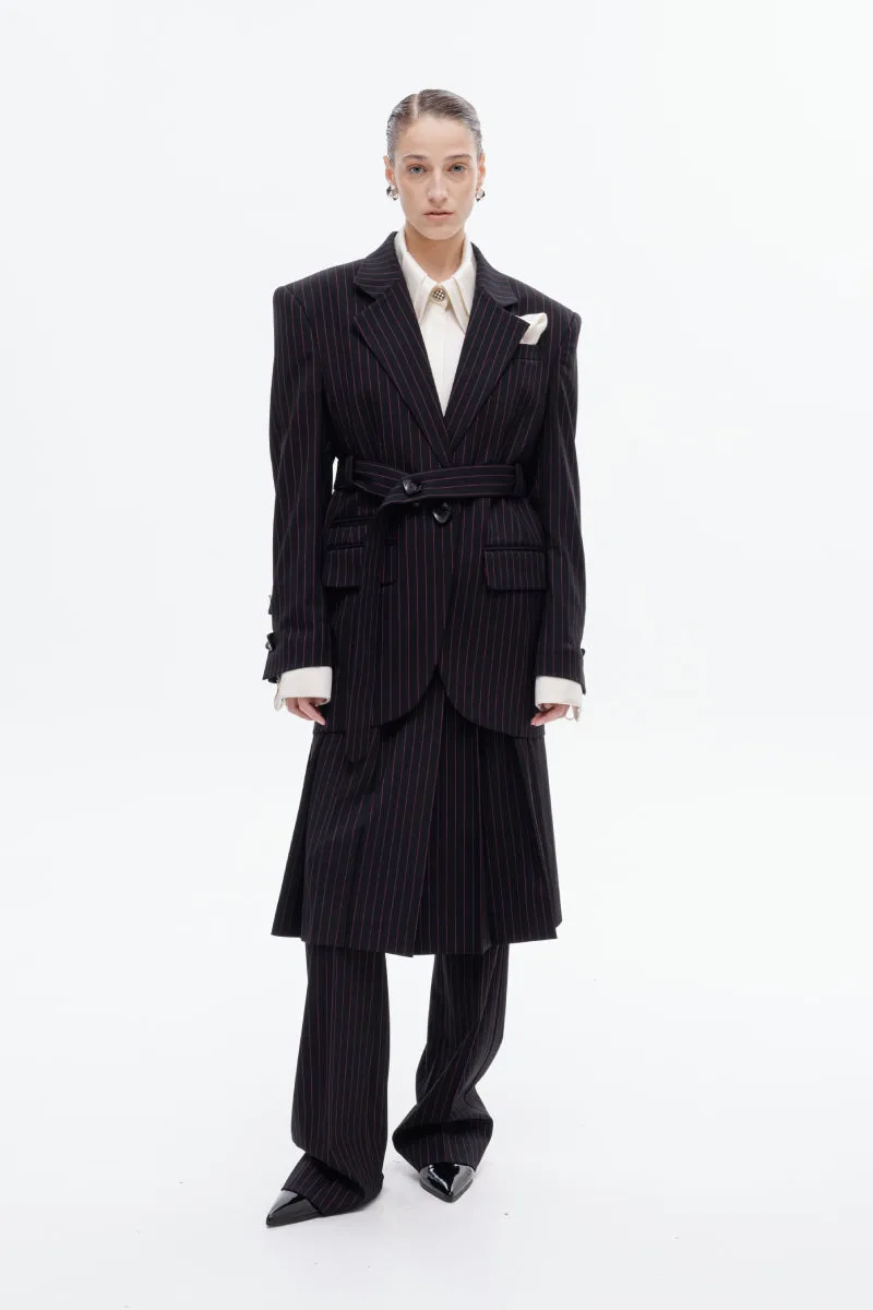 BLACK BELTED PINSTRIPE BLAZER