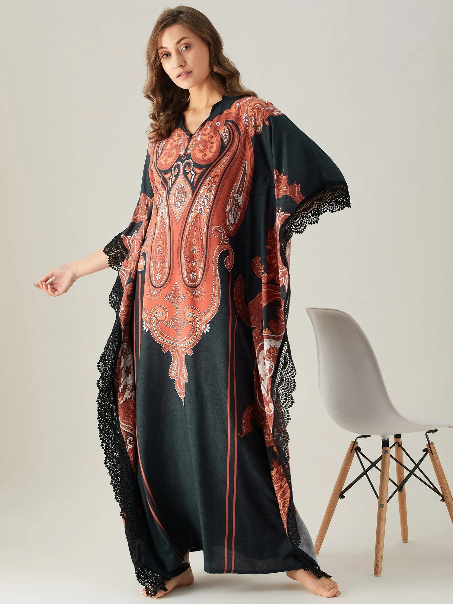 Black Bold Paisley Patterned Loungewear Kaftan