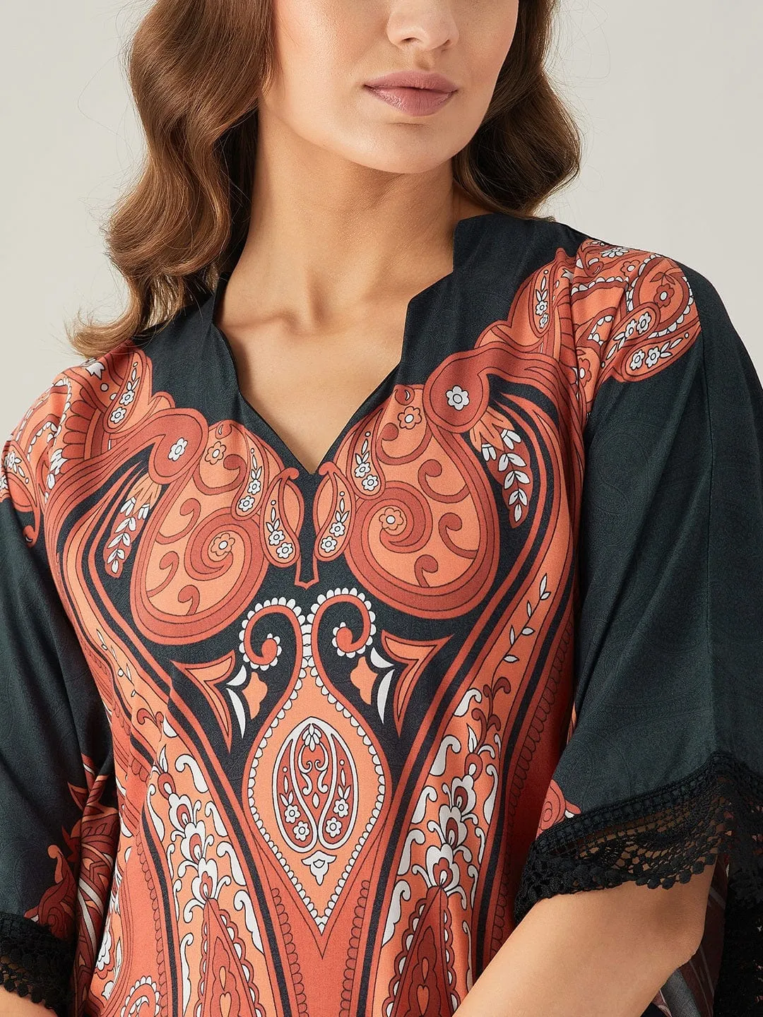 Black Bold Paisley Patterned Loungewear Kaftan