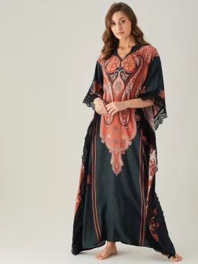 Black Bold Paisley Patterned Loungewear Kaftan