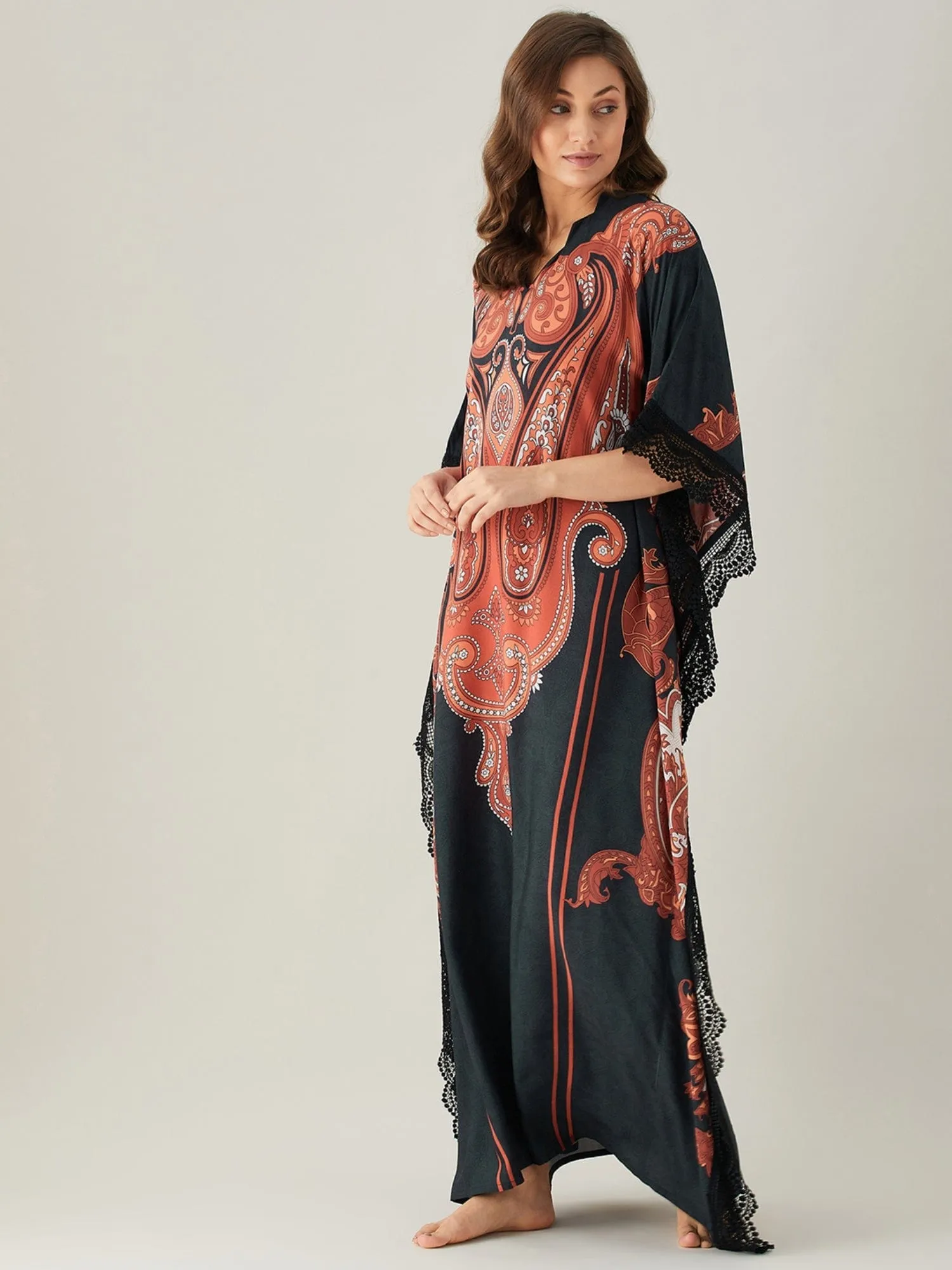 Black Bold Paisley Patterned Loungewear Kaftan