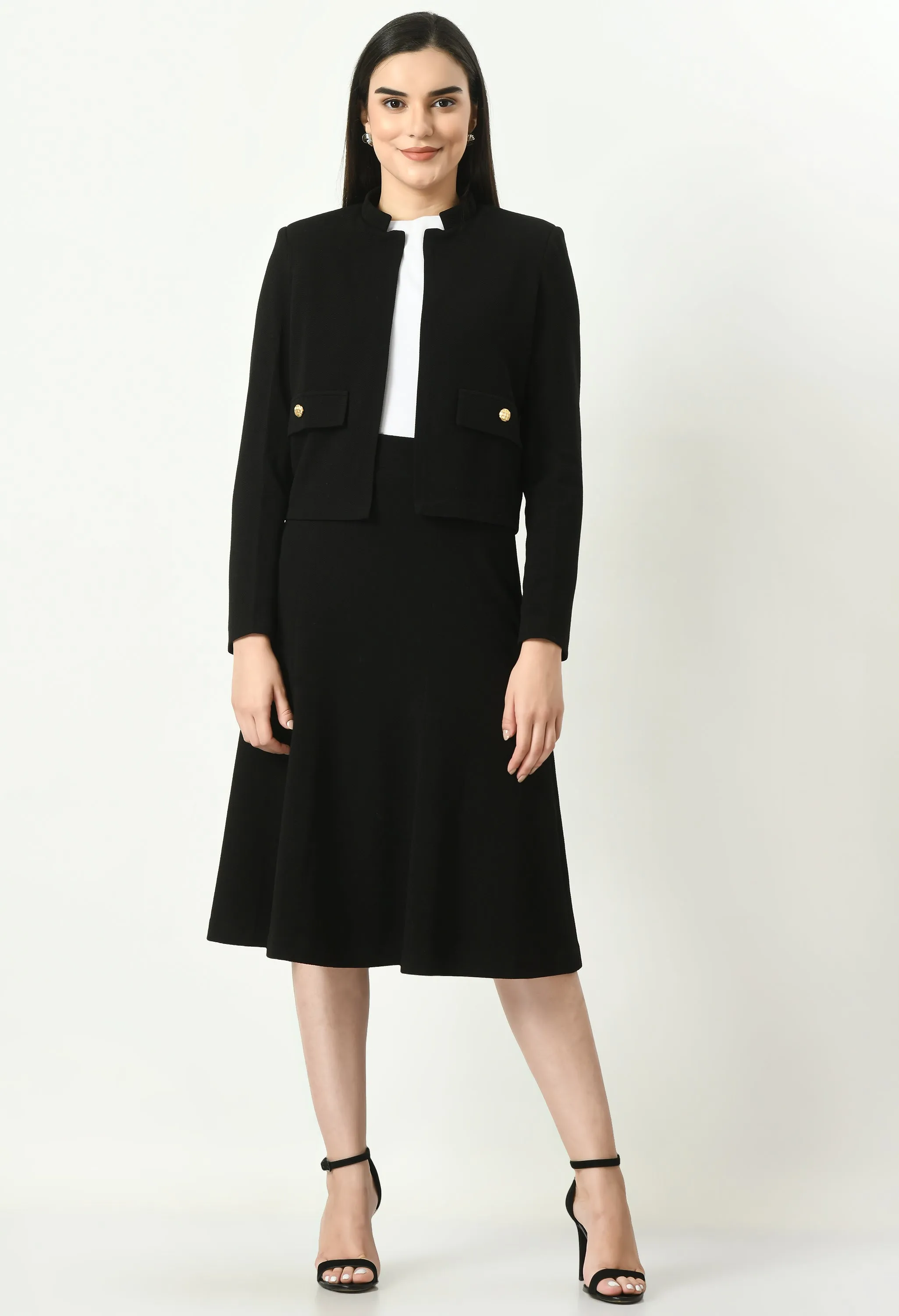 Black Cotton Blend Triumph Mandarin Collar Crop Blazer