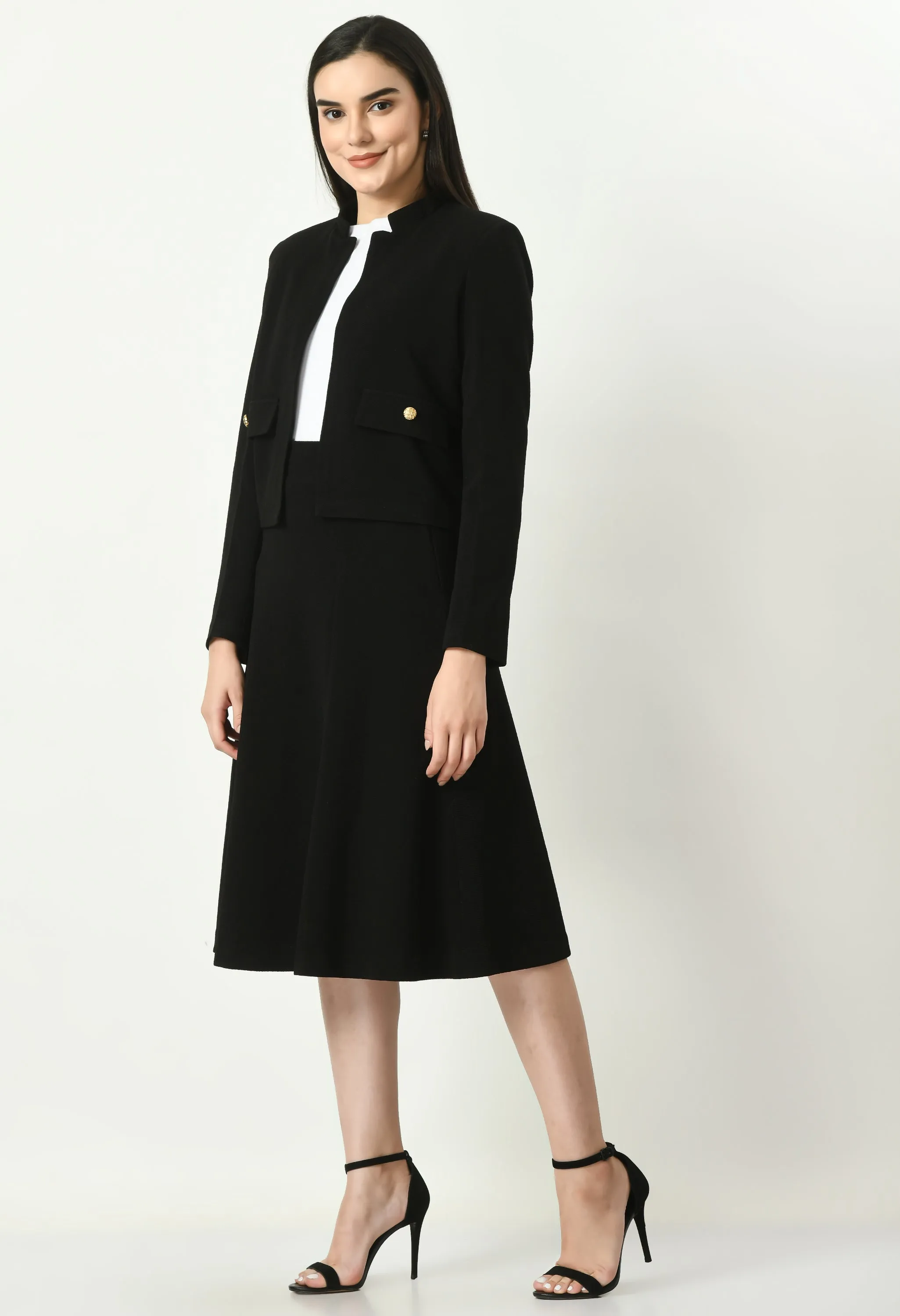 Black Cotton Blend Triumph Mandarin Collar Crop Blazer