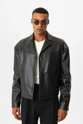 Black Faux Leather Crop Fit Men's Jacket - Wessi