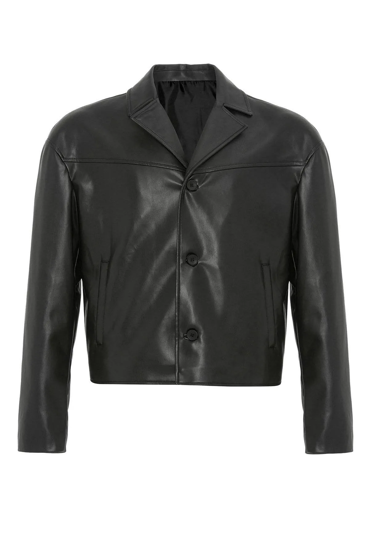 Black Faux Leather Crop Fit Men's Jacket - Wessi