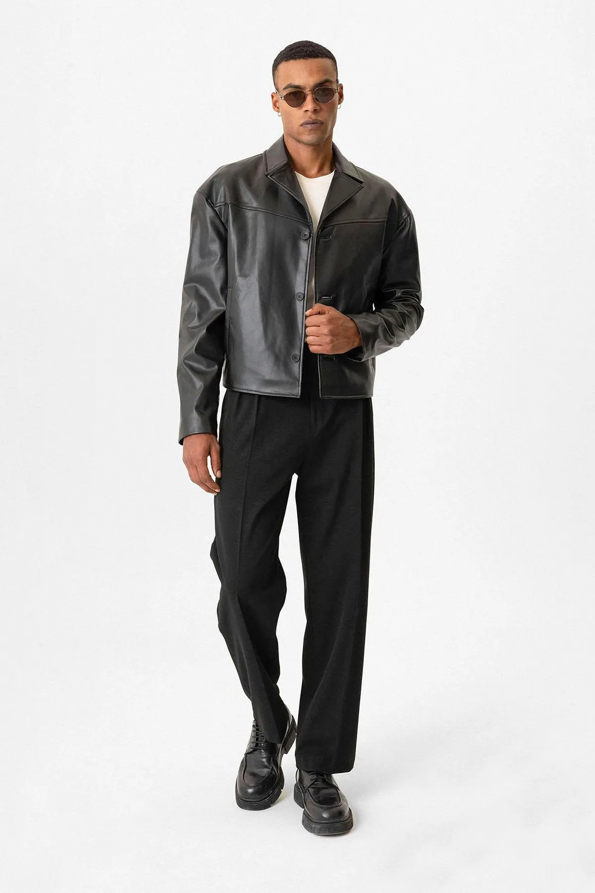 Black Faux Leather Crop Fit Men's Jacket - Wessi