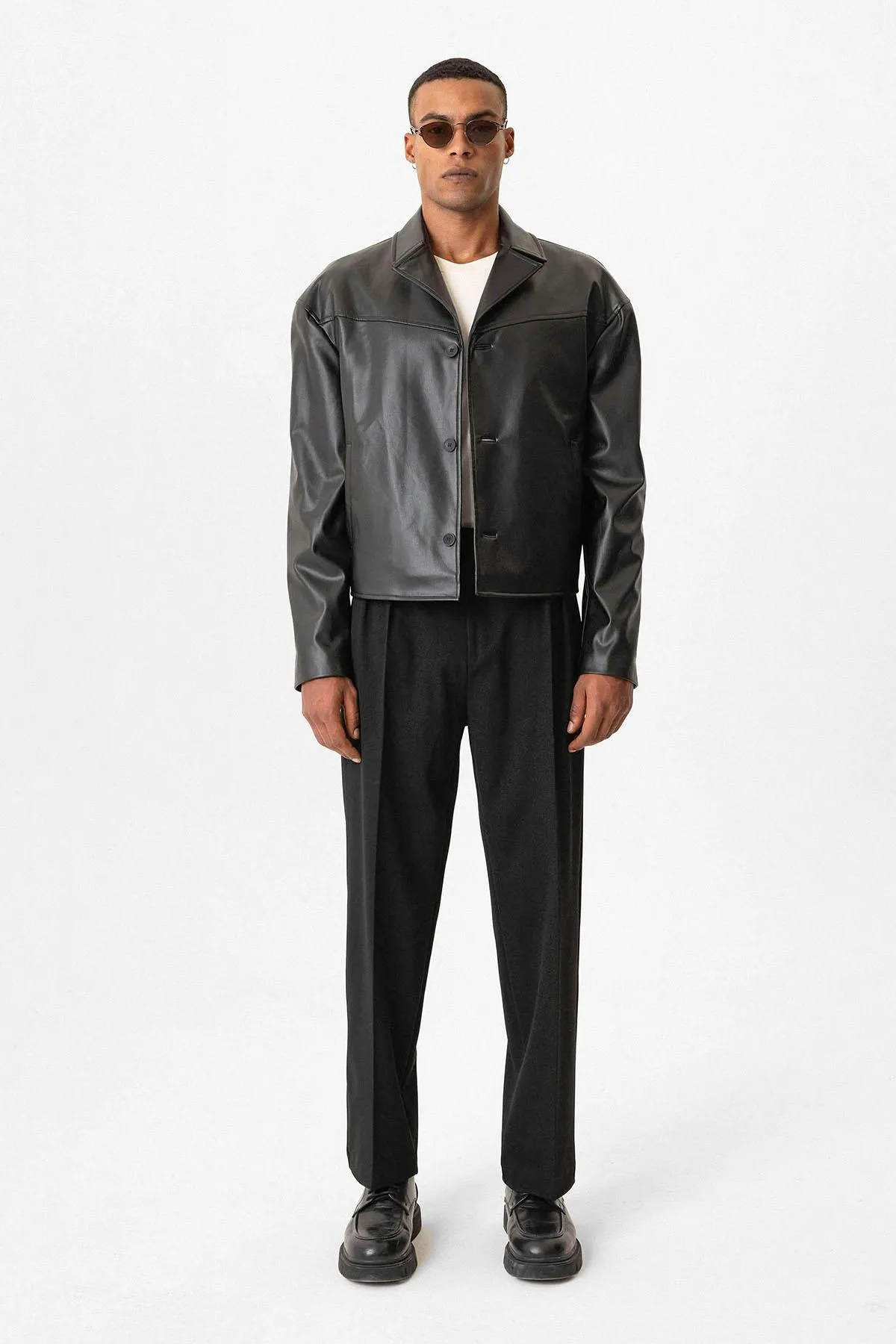 Black Faux Leather Crop Fit Men's Jacket - Wessi