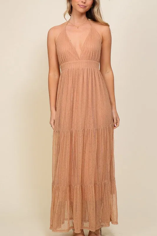 Blush Boho Halter Tiered Lace Maxi Lined Dress