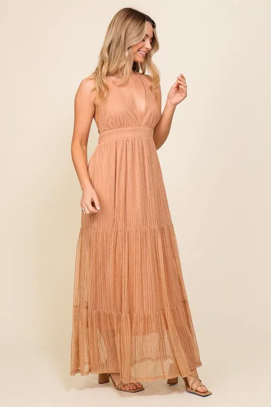 Blush Boho Halter Tiered Lace Maxi Lined Dress