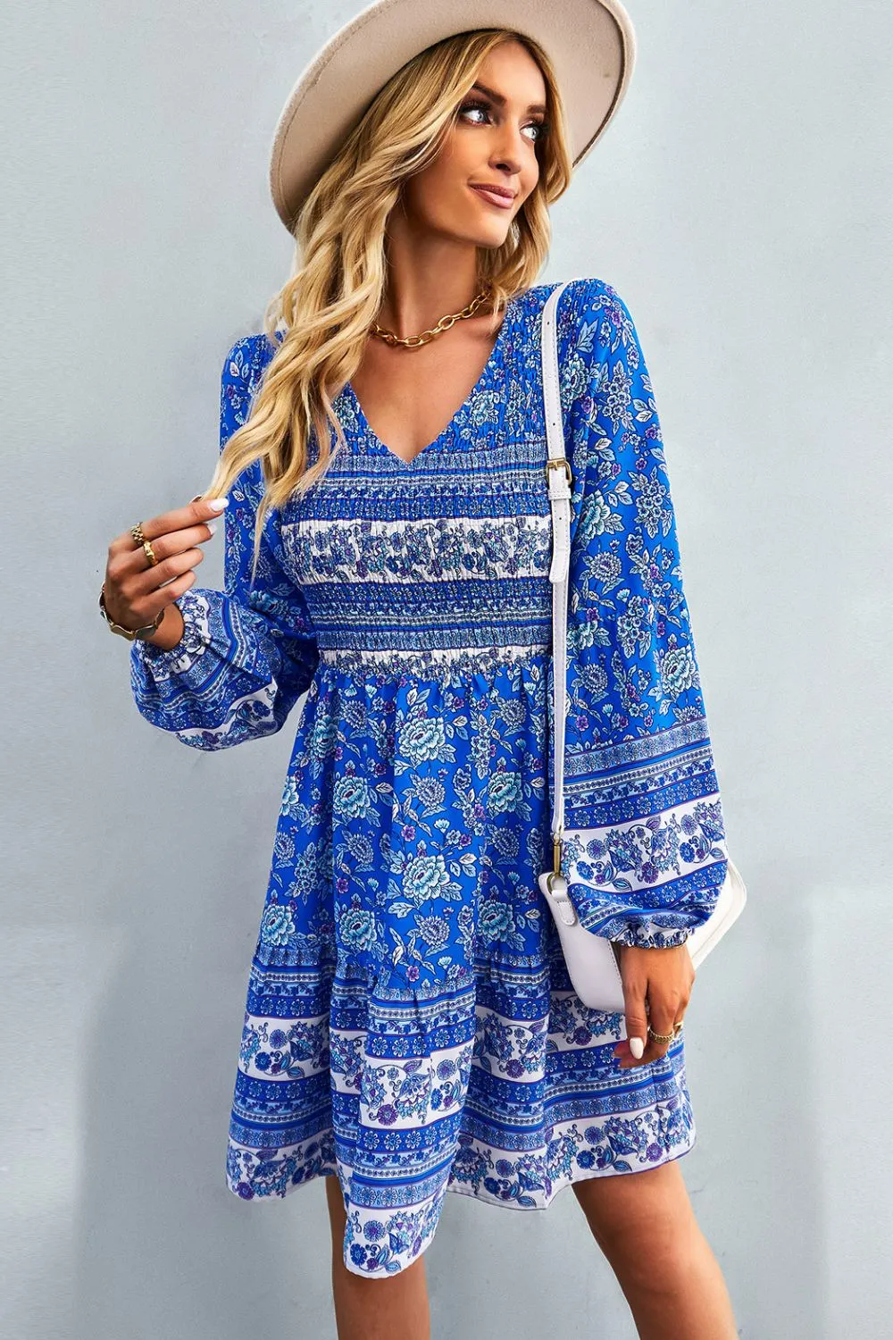 Boho Bohemian V-Neck Balloon Sleeve Dress