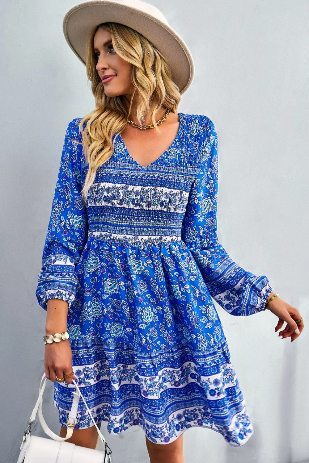 Boho Bohemian V-Neck Balloon Sleeve Dress