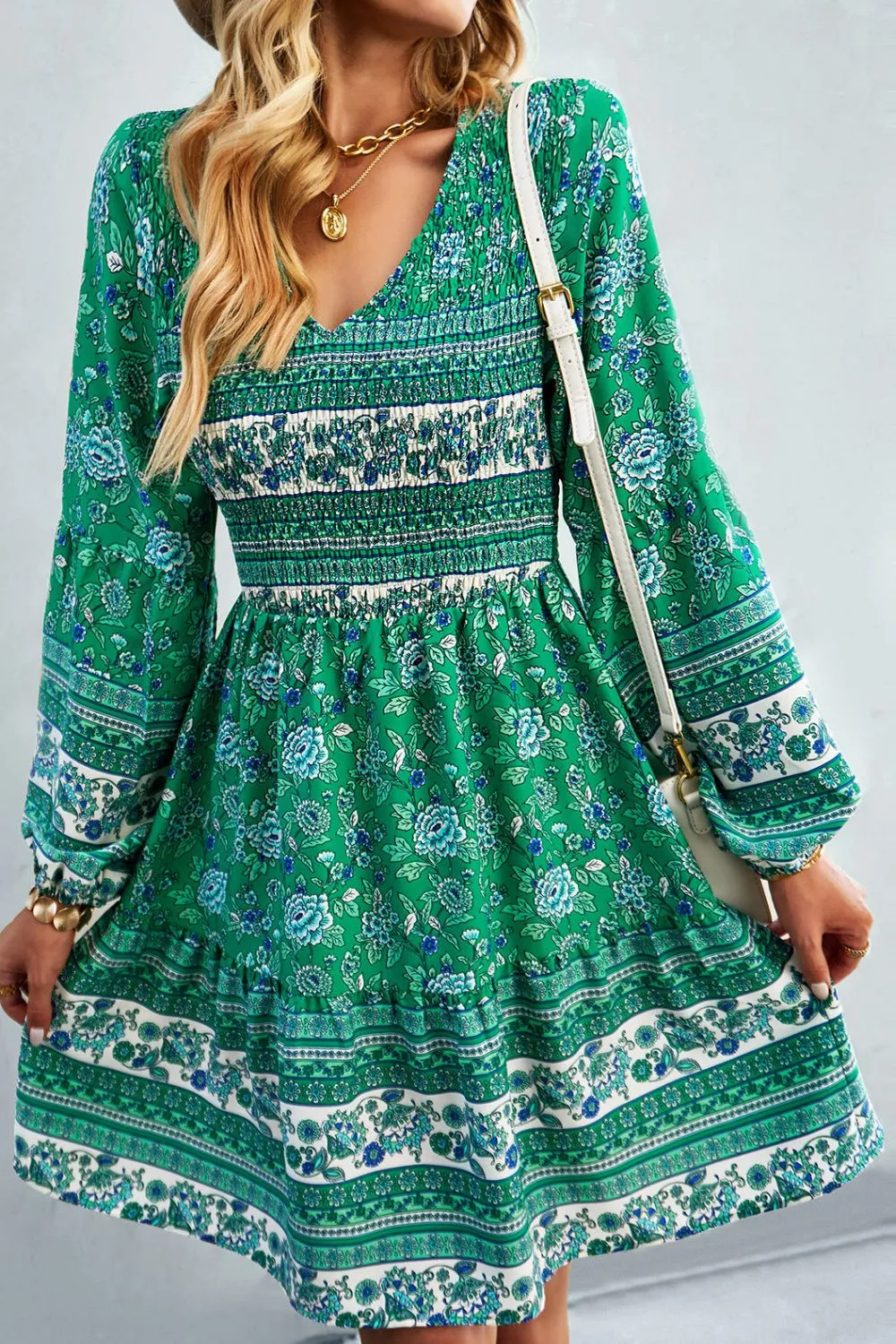 Boho Bohemian V-Neck Balloon Sleeve Dress