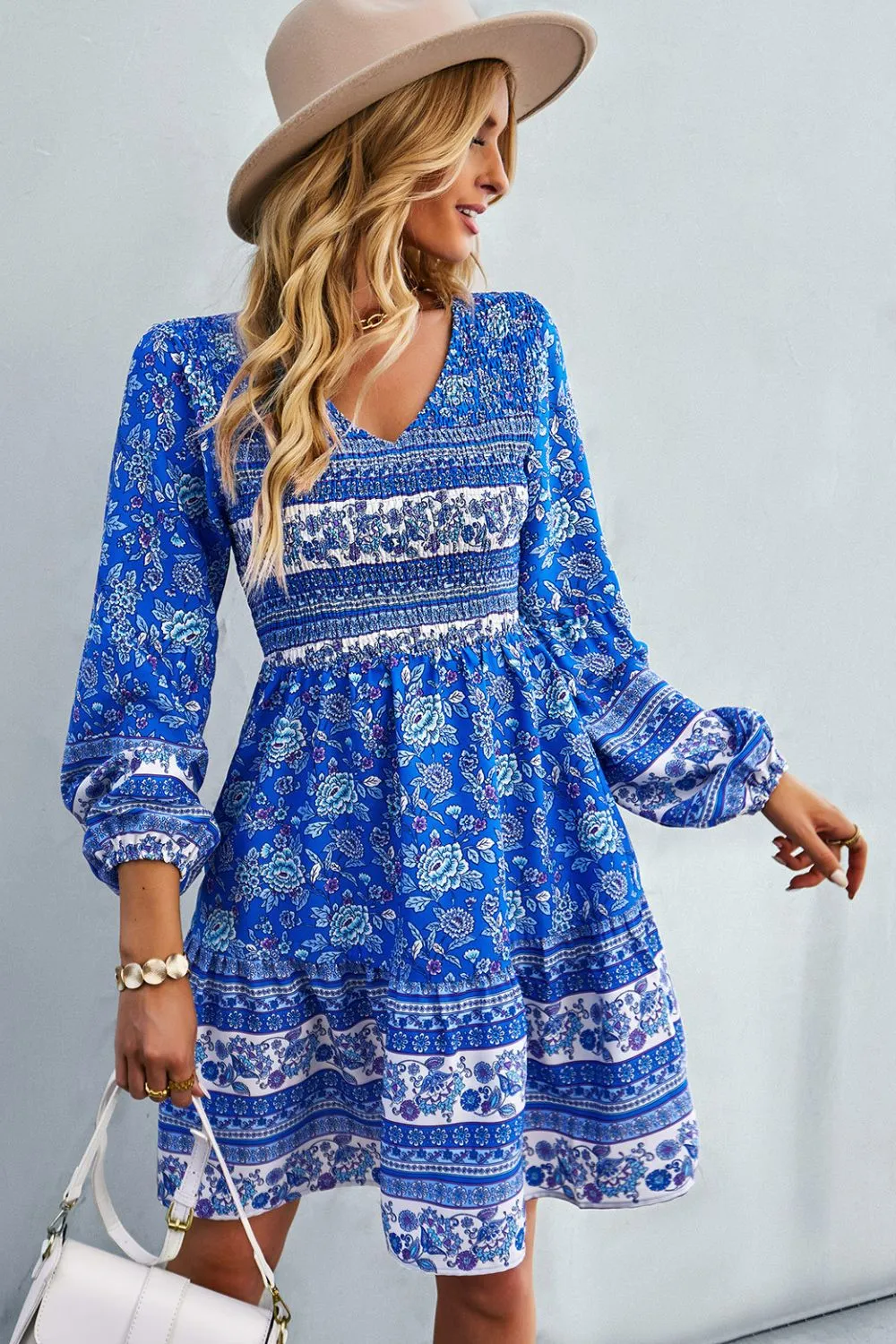 Boho Bohemian V-Neck Balloon Sleeve Dress