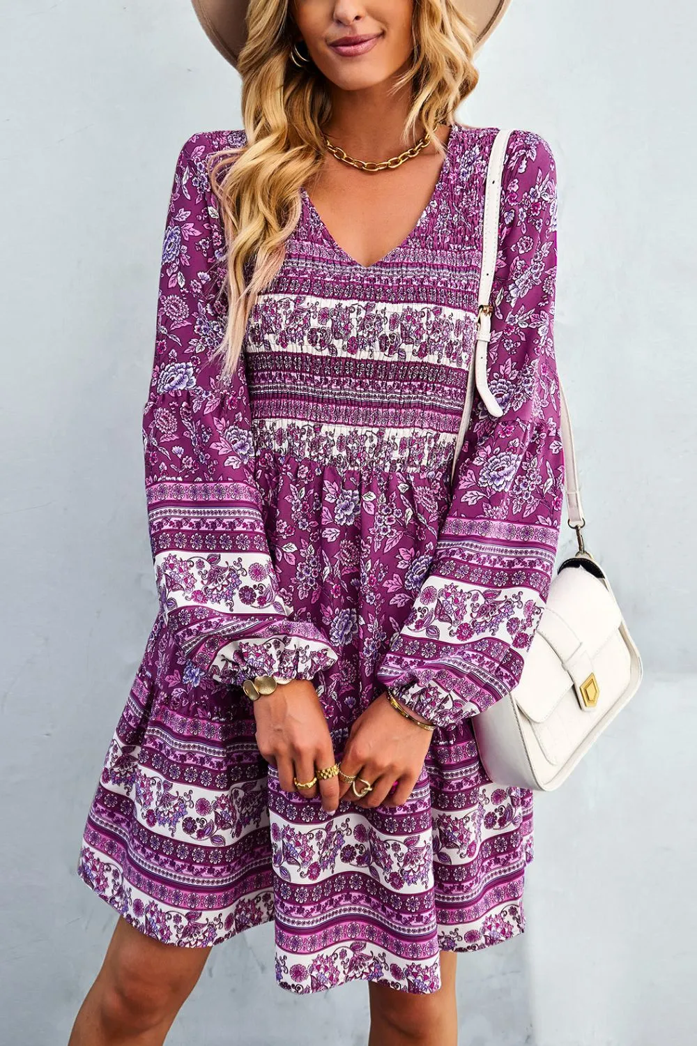 Boho Bohemian V-Neck Balloon Sleeve Dress