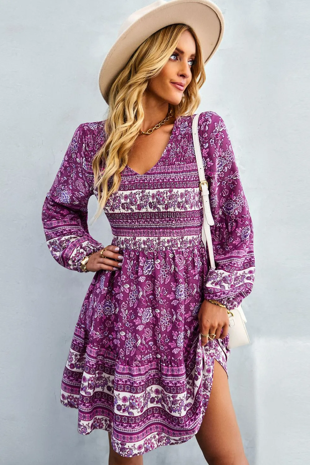 Boho Bohemian V-Neck Balloon Sleeve Dress