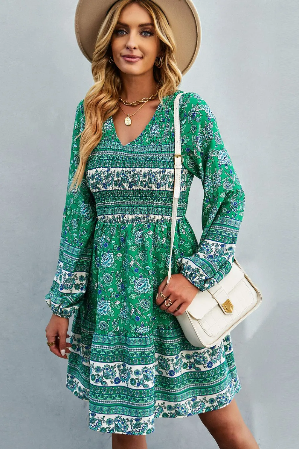 Boho Bohemian V-Neck Balloon Sleeve Dress