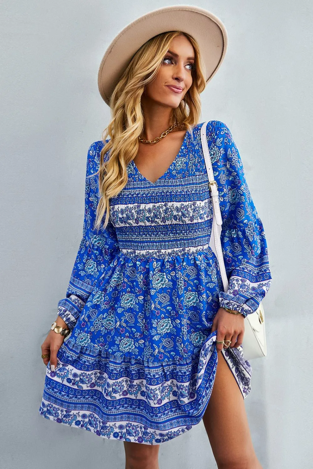 Boho Bohemian V-Neck Balloon Sleeve Dress