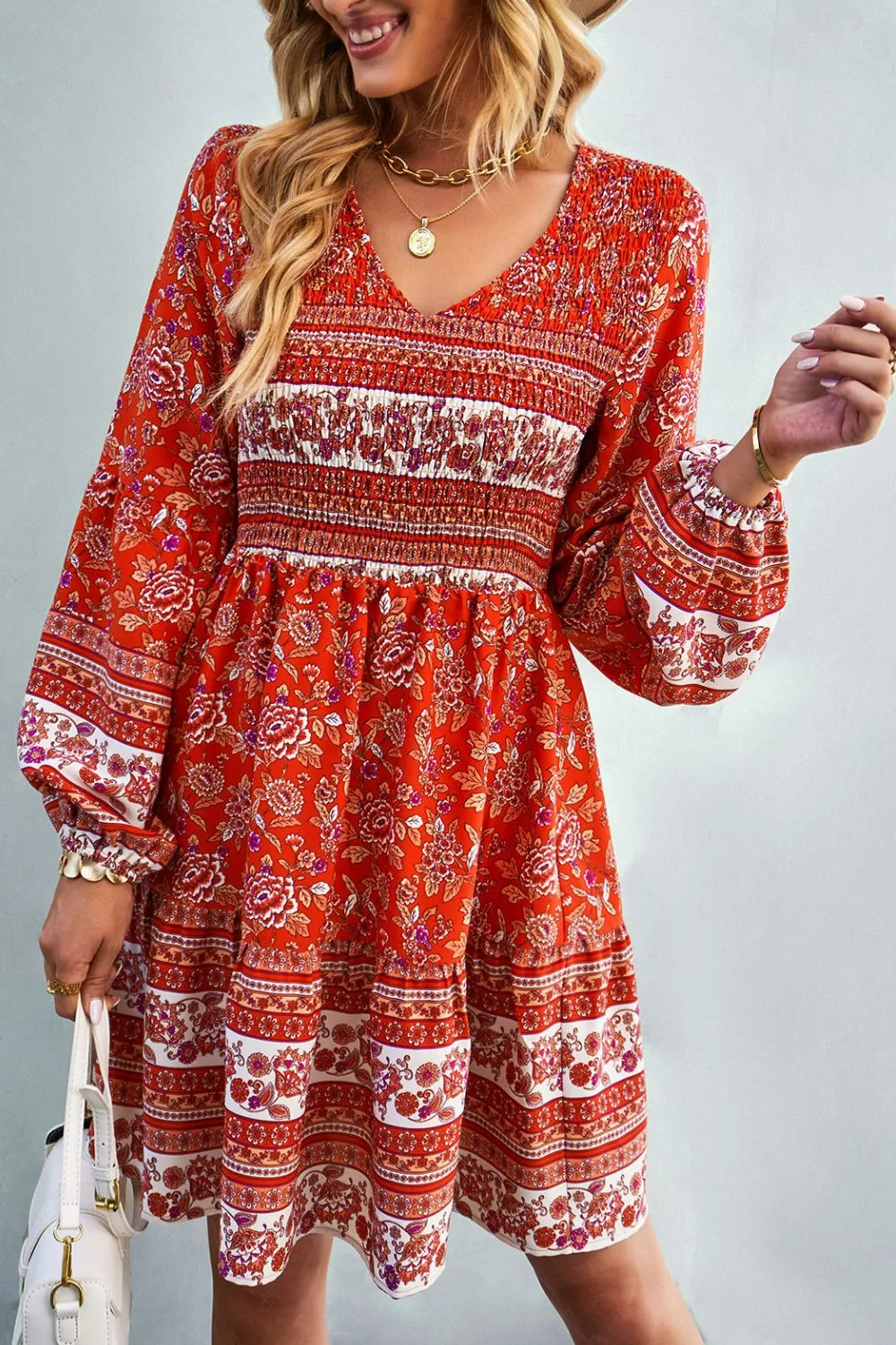 Boho Bohemian V-Neck Balloon Sleeve Dress