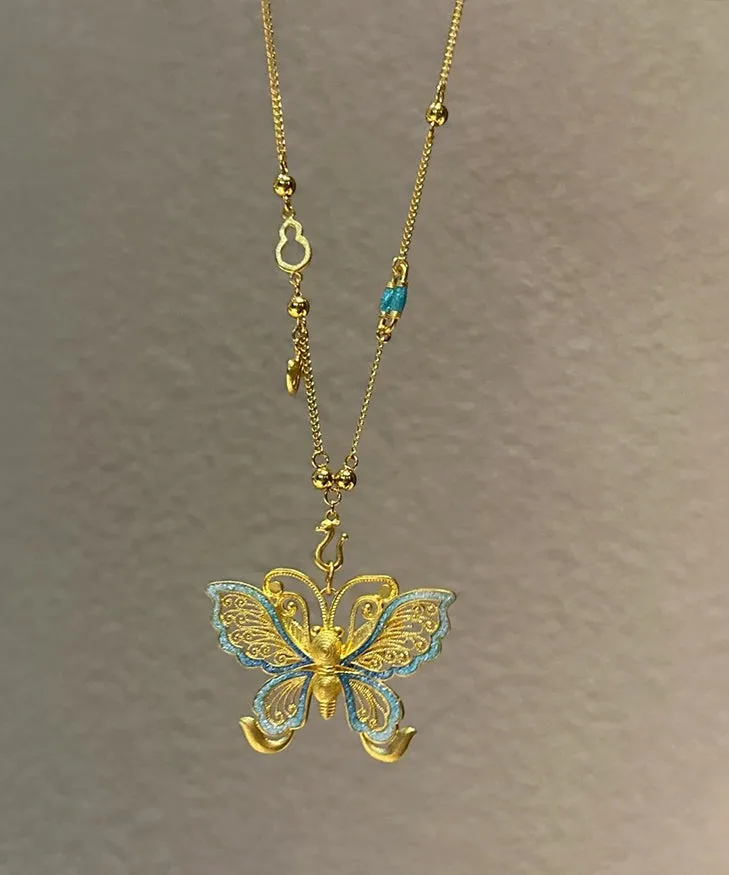 Boho Gold Sterling Silver Overgild Butterfly Hollow Out Pendant Necklace PO056