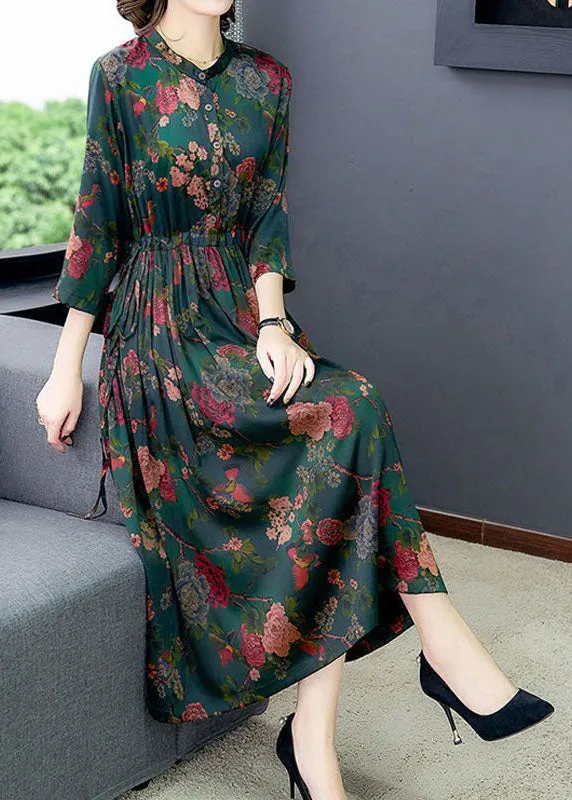 Boho Green Cinched Print Silk Dresses Bracelet Sleeve LY1690