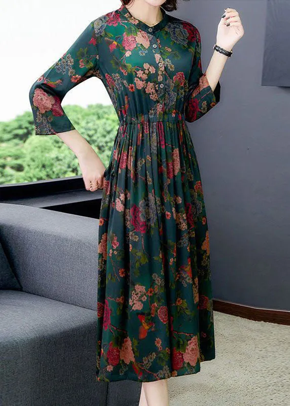 Boho Green Cinched Print Silk Dresses Bracelet Sleeve LY1690