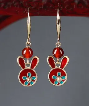 Boho Red Sterling Silver Agate Cloisonne Rabbit Drop Earrings LY2044