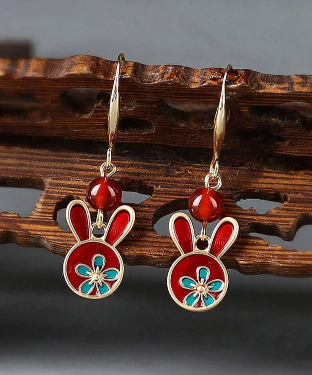 Boho Red Sterling Silver Agate Cloisonne Rabbit Drop Earrings LY2044