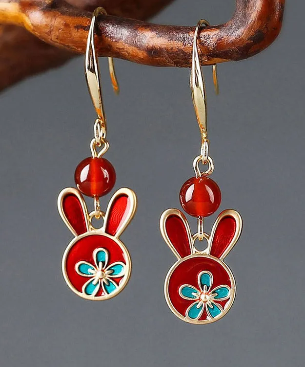 Boho Red Sterling Silver Agate Cloisonne Rabbit Drop Earrings LY2044