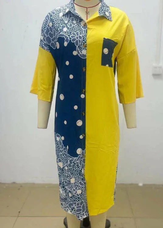 Boho Yellow Print Button Chiffon Shirts Dresses Spring LY1930