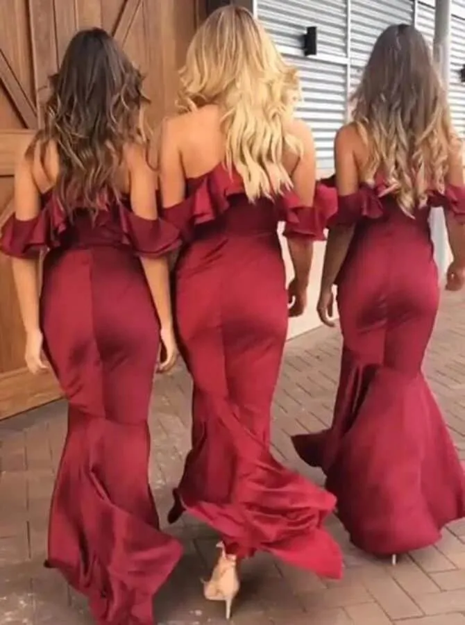 Chic Burgundy High Low Mermaid Spaghetti Straps Bridesmaid Dresses, BD129