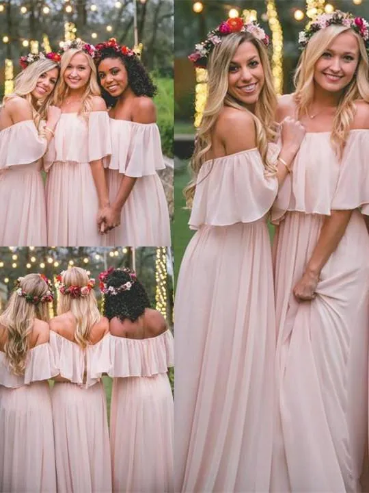 Chic Chiffon Off-the-shoulder Neckline A-line Bridesmaid Dresses BD071