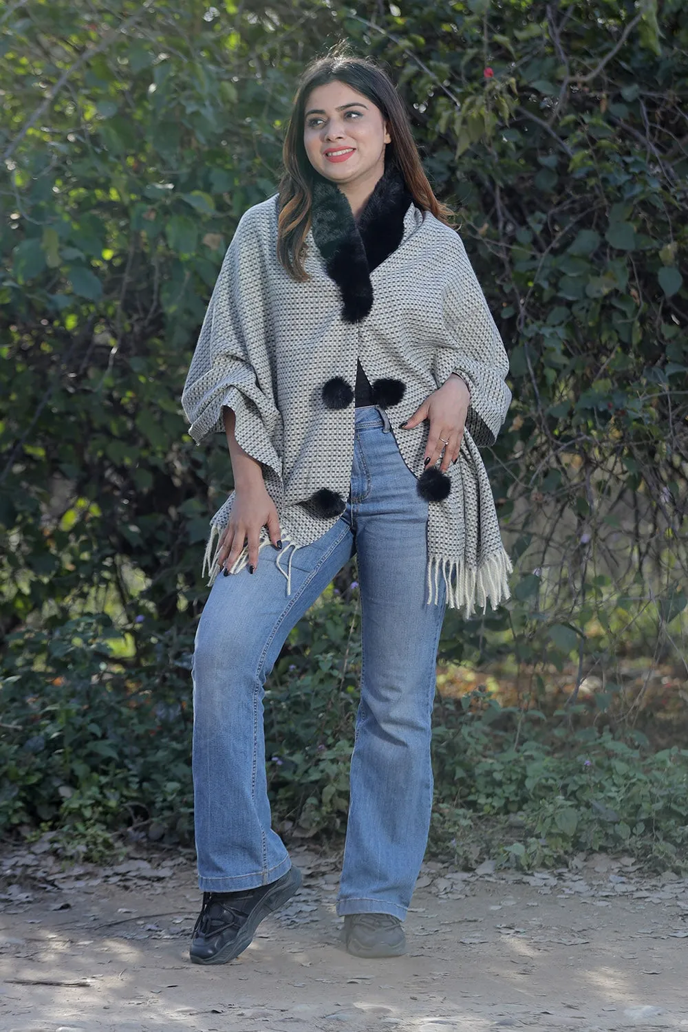 Classy Beige & Black Colour Woollen Cashmere Faux Fur Cape Stole.