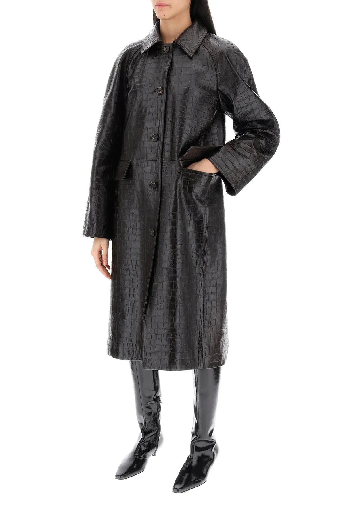 crocodile embossed leather coat