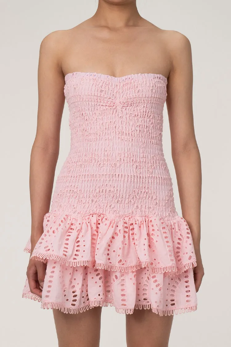 Cute Strapless Smocked Broderie Anglaise Ruffle Tiered Party Mini Dress