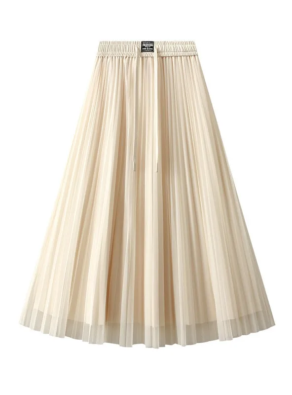 Drawstring High Waist Mesh Pleated Skirt