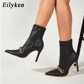 EILYKEN Chain Gang Ankle Zipper Pointed Toe High Heel Booty Shoes