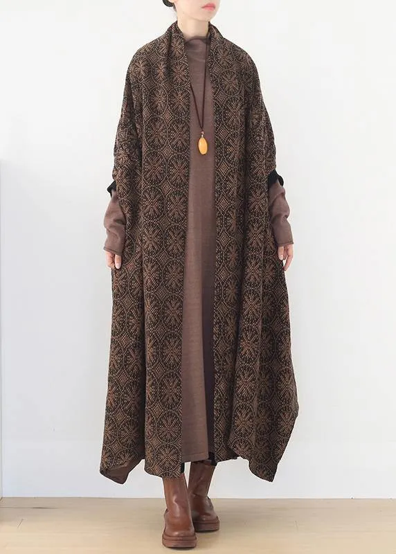 Elegant oversized mid-length coats winter brown Batwing Sleeve v neck woolen outwear