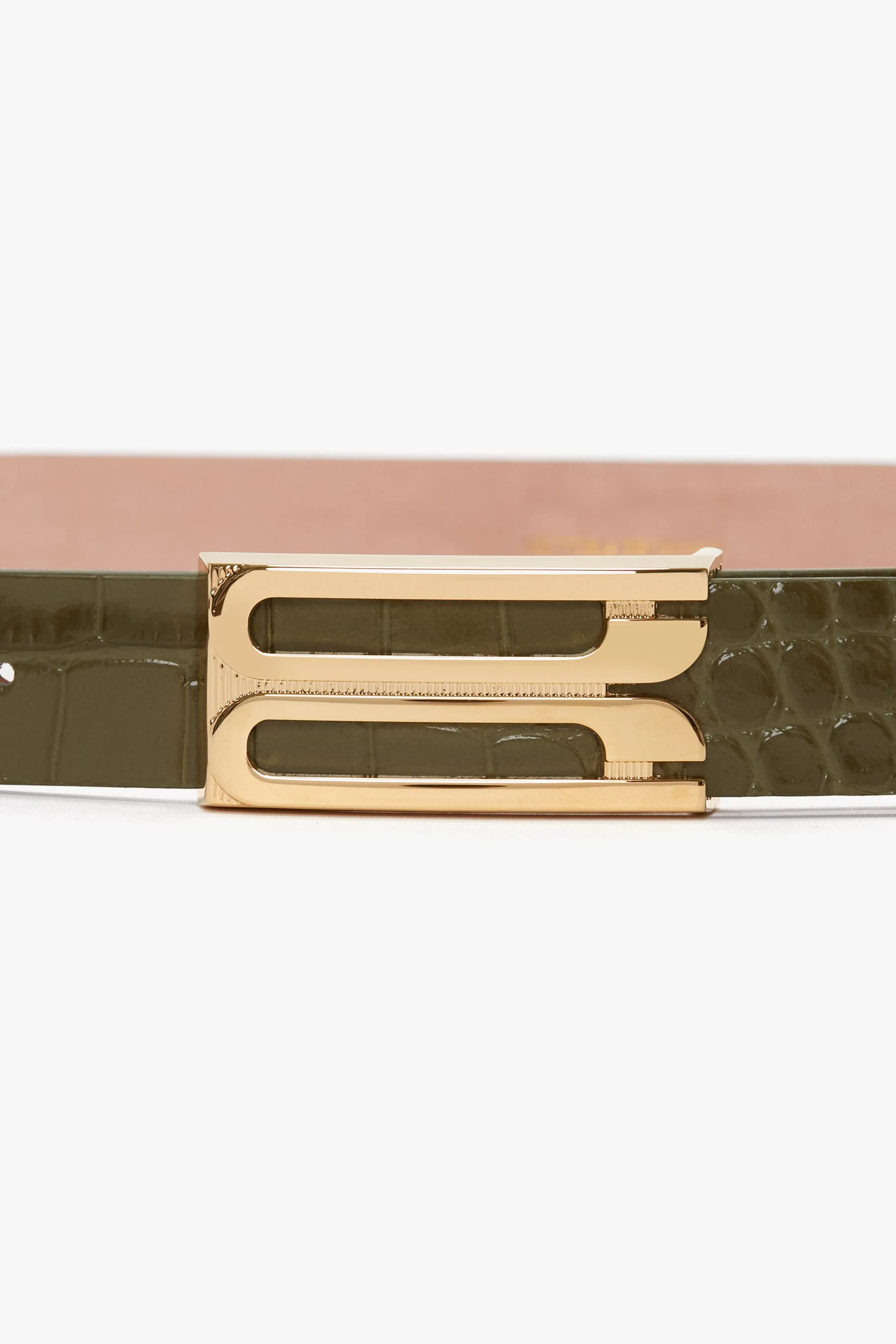 Exclusive Frame Belt In Khaki Croc Embossed Calf Leather