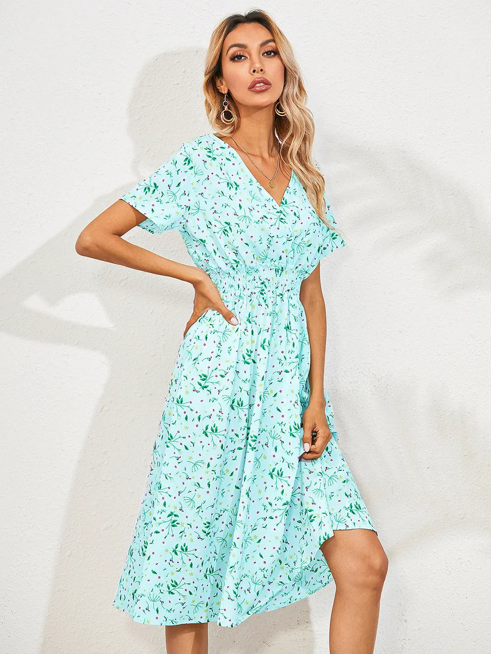 Fashion Casual Small Floral Short-sleeved Midi Dresses