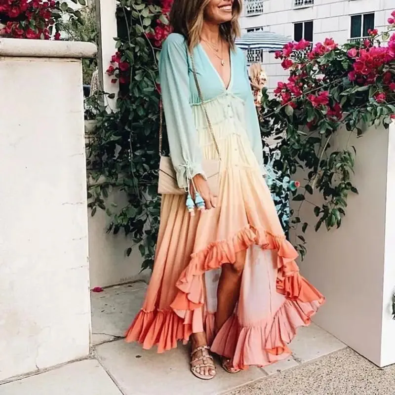 FashionSierra-Chiffon Long Sleeve Maxi Women 2024 Deep V Neck Sexy Irregular Rainbow Ruffles Beach Party Vestidos Boho Dress