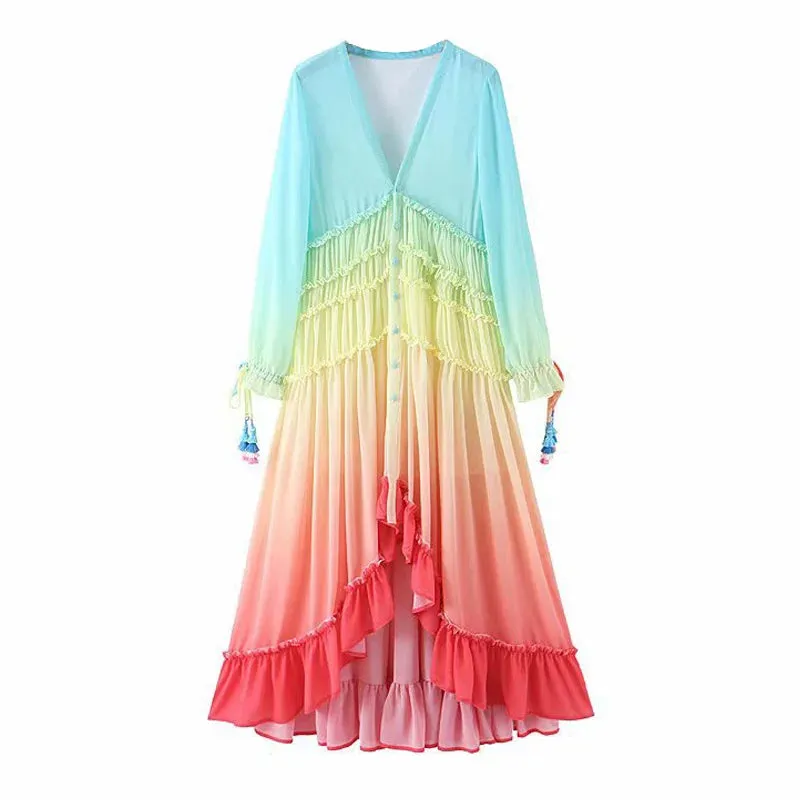 FashionSierra-Chiffon Long Sleeve Maxi Women 2024 Deep V Neck Sexy Irregular Rainbow Ruffles Beach Party Vestidos Boho Dress