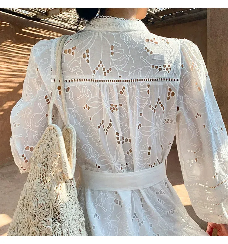 FashionSierra-Cotton  Floral Embroidery  Lace  Long Sleeve  V-neck  White  Belted  Mini  Spring  Summer Boho Dress