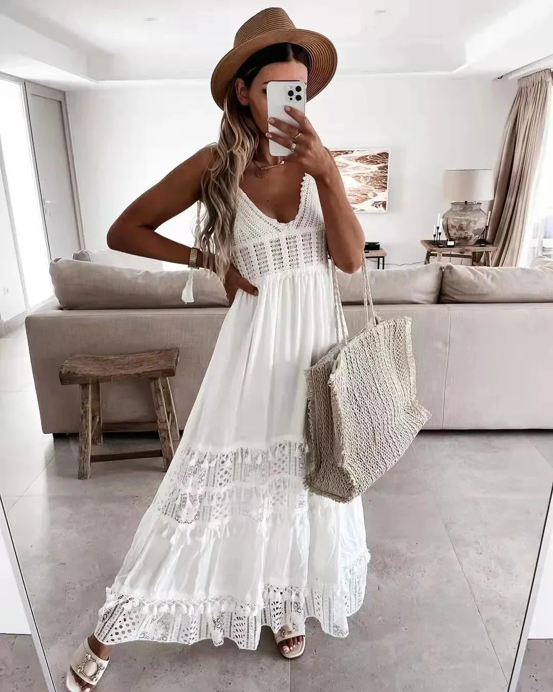 FashionSierra-Crochet Lace  Long Strap  Women  Robe  Vintage  Deep V-neck  Sleeveless  Summer  Beach  Casual  Ladies  Vestidos Boho Dress