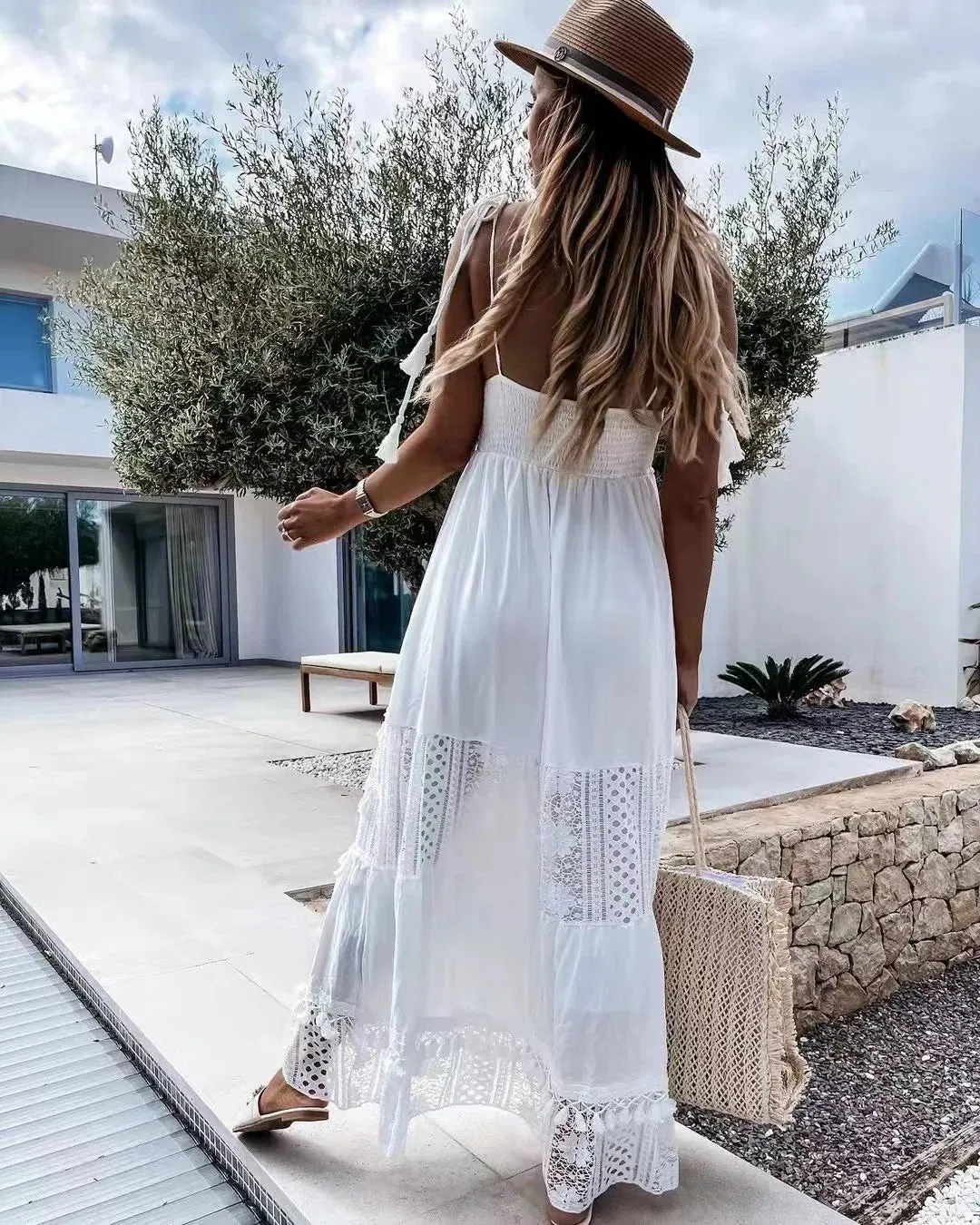 FashionSierra-Crochet Lace  Long Strap  Women  Robe  Vintage  Deep V-neck  Sleeveless  Summer  Beach  Casual  Ladies  Vestidos Boho Dress