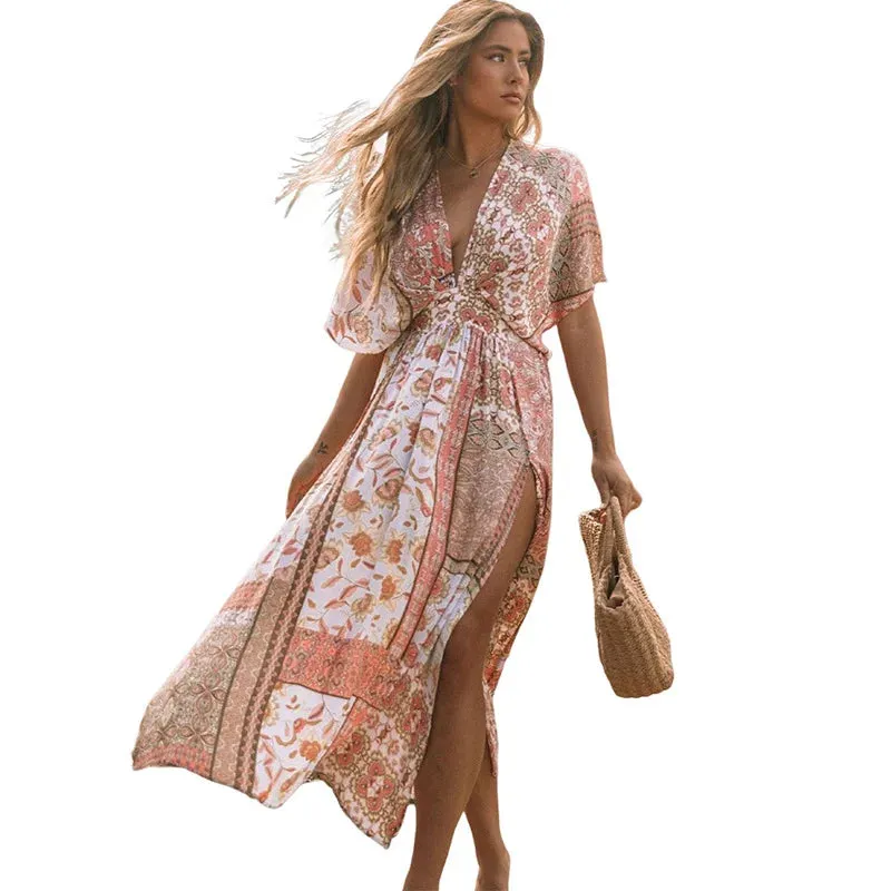 FashionSierra-Floral Printed  Cover-Ups  Women  Casual  Deep V Neck  Elastic Waist  Short Sleeve  Summer  Long  Beach Boho Dress