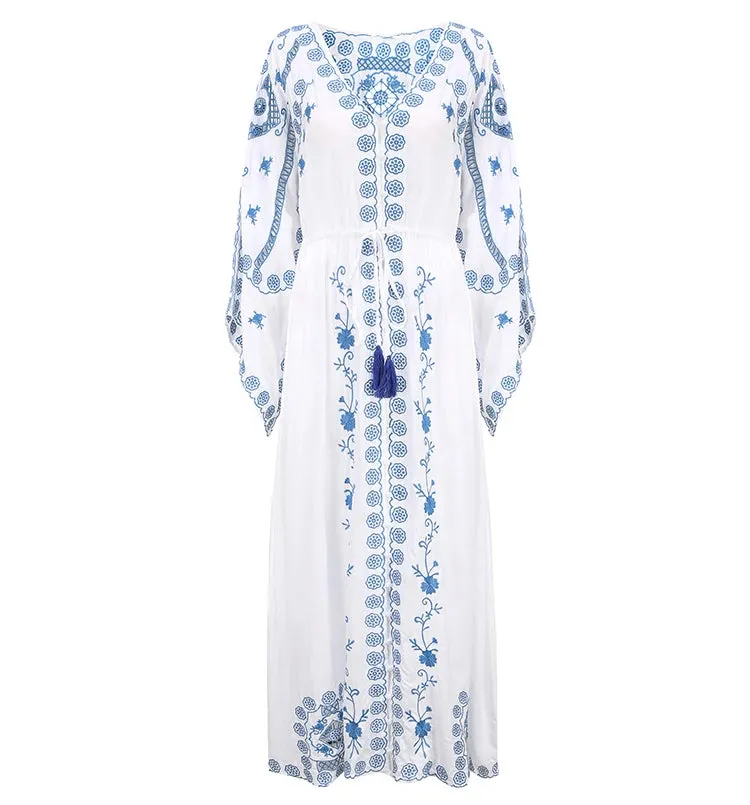 FashionSierra-Hollow  Floral Embroidery  Long Sleeve  Strap  Maxi  White  Vintage  V Neck  Beach Ladies Boho Dress