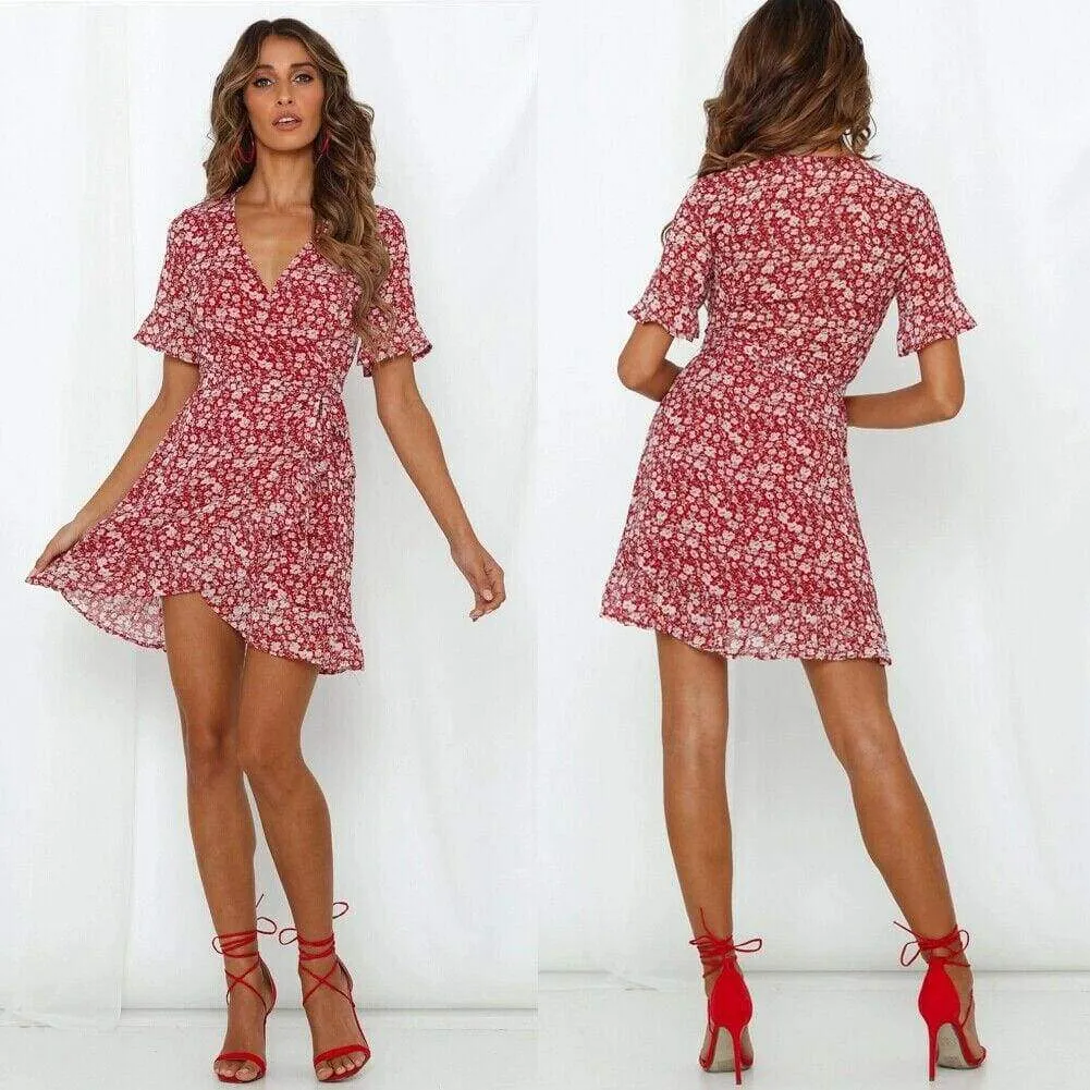 FashionSierra - Women Fashion Summer Boho Floral Print Short Sleeve V-Neck Dress Ladies Holiday Party Beach Casual Dress Sundress