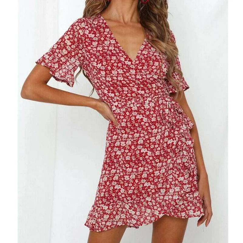 FashionSierra - Women Fashion Summer Boho Floral Print Short Sleeve V-Neck Dress Ladies Holiday Party Beach Casual Dress Sundress